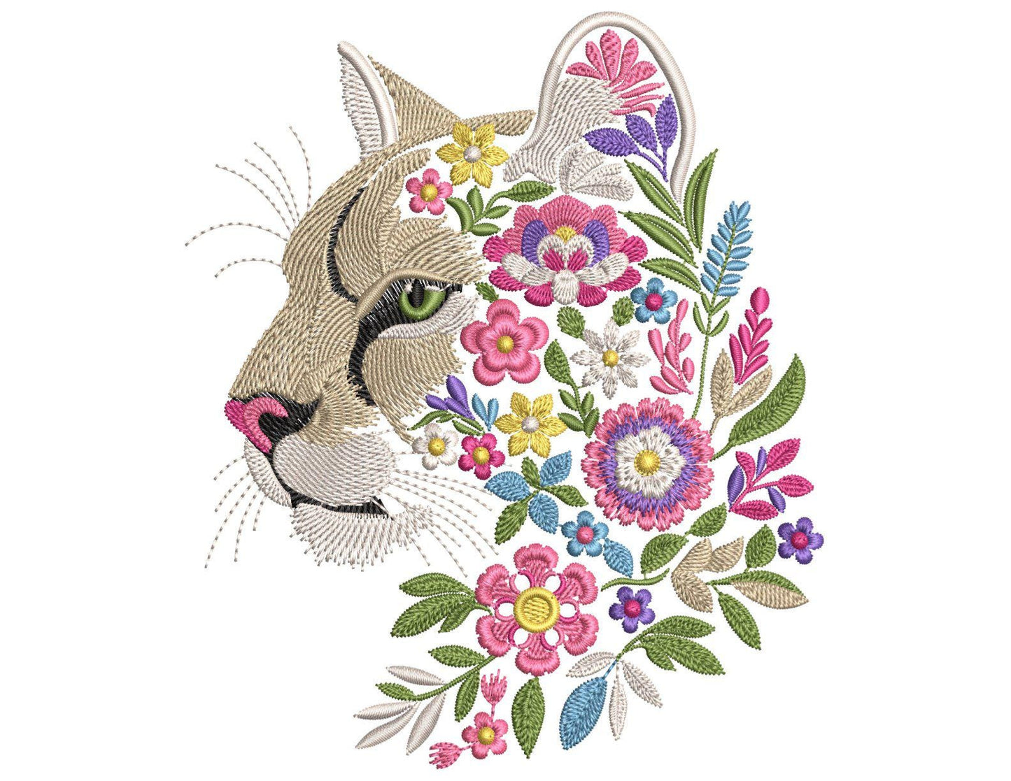 Floral Cougar Machine Embroidery Design, Puma Embroidery, Wild Cat Jungle Pattern, Jungle Floral Pattern, Boho Animal Embroidery, Animal PES