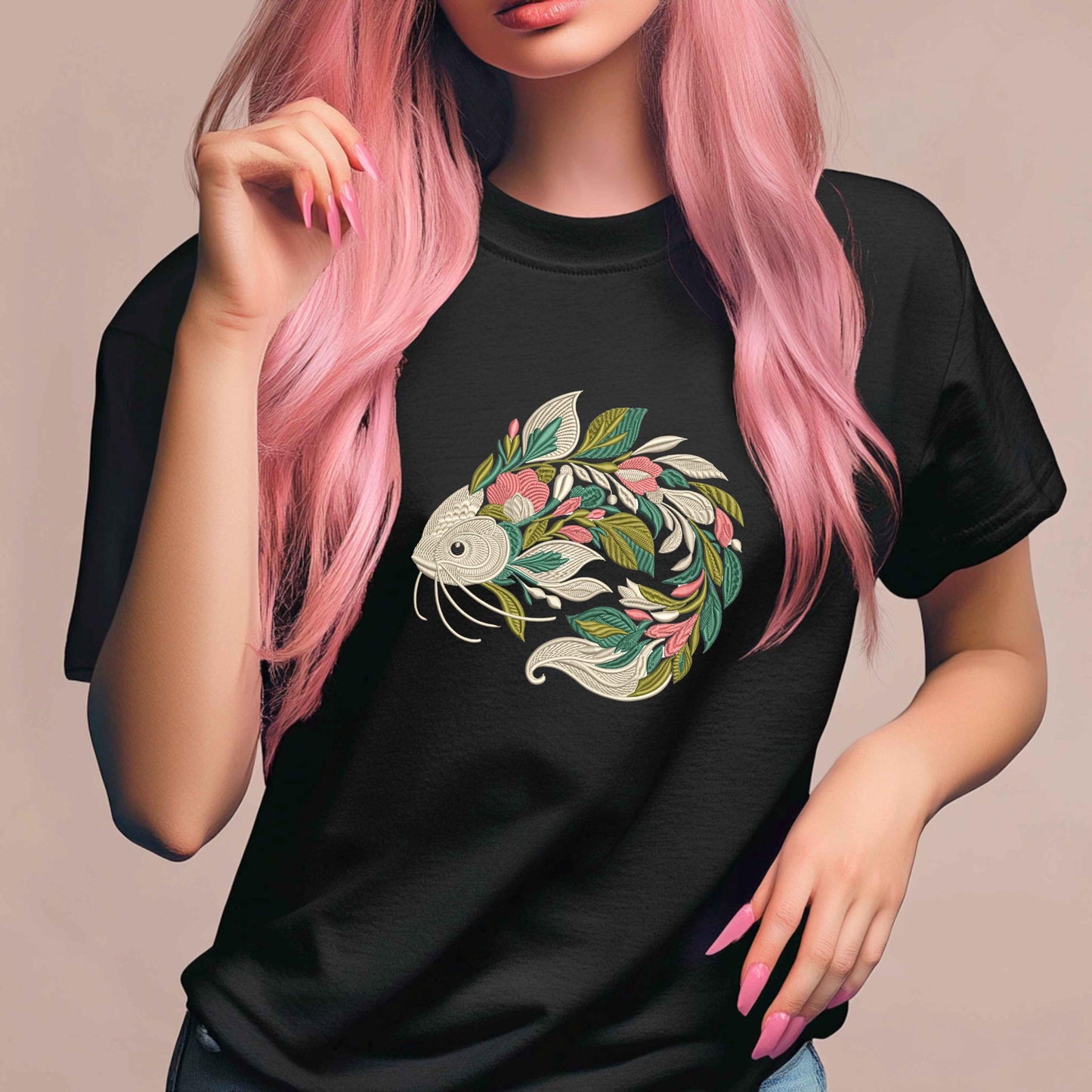 Floral Catfish Embroidery Design – Botanical Machine Embroidery File – Fish Embroidery, Embroidery Fishing, Fish PES DST, Instant Download