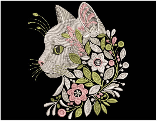 Cute Cat Head Embroidery Design – Floral Cat Profile Machine Embroidery – Digital Instant Download, Cat Pattern, Unique Pet Artwork, Cat PES
