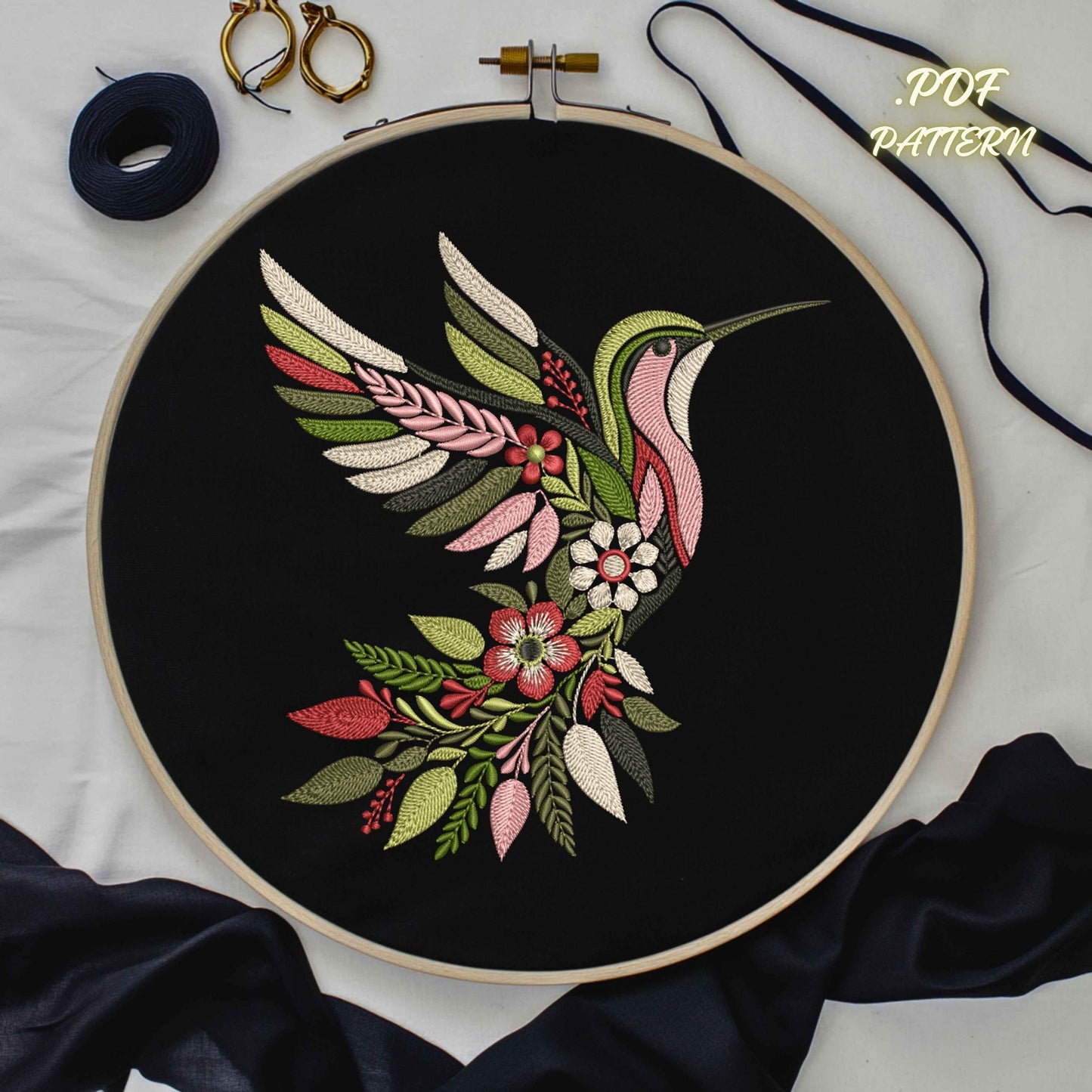 Hummingbird Embroidery Pattern PDF, Floral Bird Hand Embroidery Design, Modern Nature Stitch Template, Instant Download, Bird Pattern