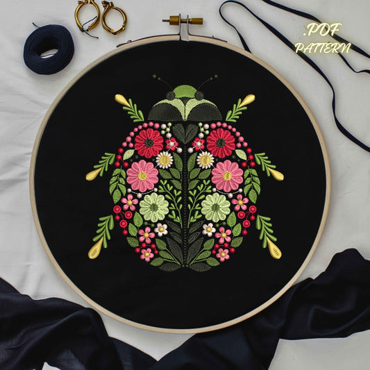 Ladybug Hand Embroidery Pattern PDF • Floral Beetle Modern Stitch Design • Easy Hoop Art Template • Instant Digital Download, Insect Pattern