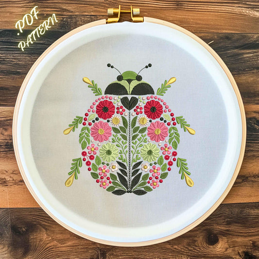 Ladybug Hand Embroidery Pattern PDF • Floral Beetle Modern Stitch Design • Easy Hoop Art Template • Instant Digital Download, Insect Pattern