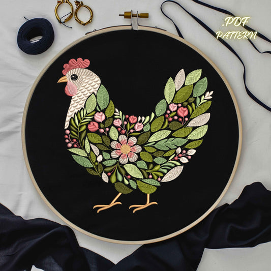 Chicken Embroidery Pattern PDF • Floral Hen Hand Stitch Design • Country Farm Decor Hoop Art • Instant Download