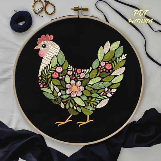 Floral Chicken Embroidery Pattern • Country Farm Hen Design (PDF Pattern)