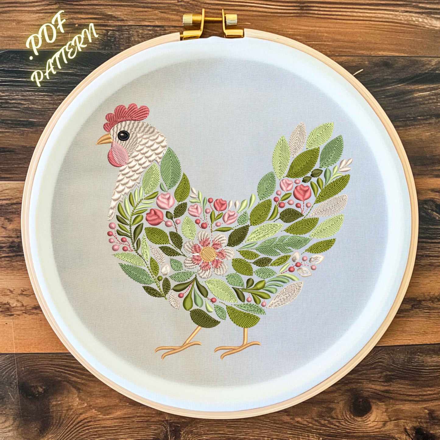 Floral Chicken Embroidery Pattern • Country Farm Hen Design (PDF Pattern)