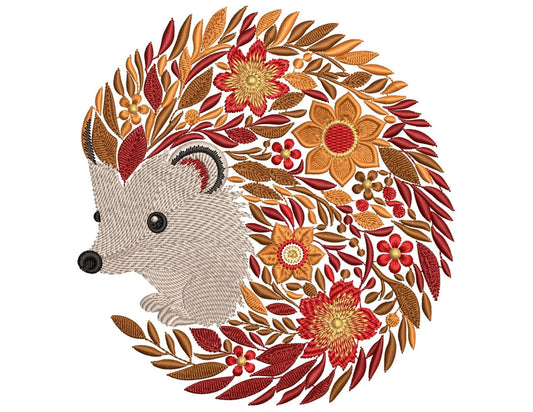 Fall Hedgehog Embroidery Pattern – Seasonal Autumn Design – Cute Animal with Leaves & Flowers, Hedgehog Embroidery Design, Autumn Embroidery