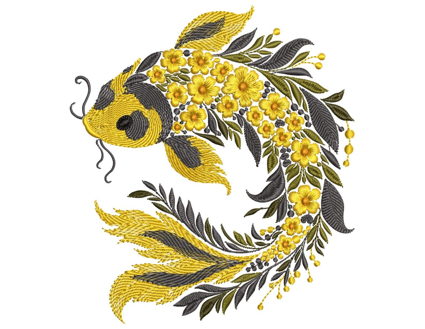 Stunning Gold Koi Fish Embroidery Design, Floral Koi Fish Pattern, Machine Embroidery Files, Carp Embroidery, Floral Embroidery, Fish PES
