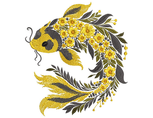 Stunning Gold Koi Fish Embroidery Design, Floral Koi Fish Pattern, Machine Embroidery Files, Carp Embroidery, Floral Embroidery, Fish PES