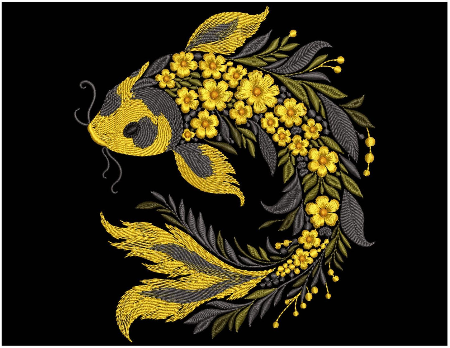 Stunning Gold Koi Fish Embroidery Design, Floral Koi Fish Pattern, Machine Embroidery Files, Carp Embroidery, Floral Embroidery, Fish PES