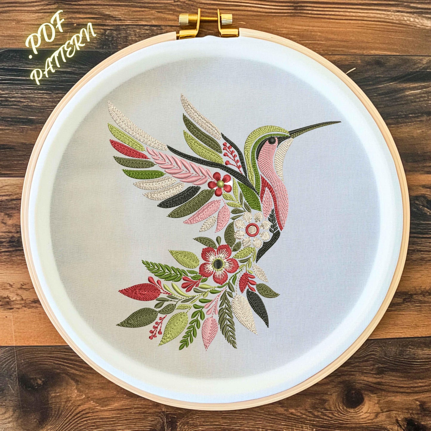 Hummingbird Embroidery Pattern PDF, Floral Bird Hand Embroidery Design, Modern Nature Stitch Template, Instant Download, Bird Pattern