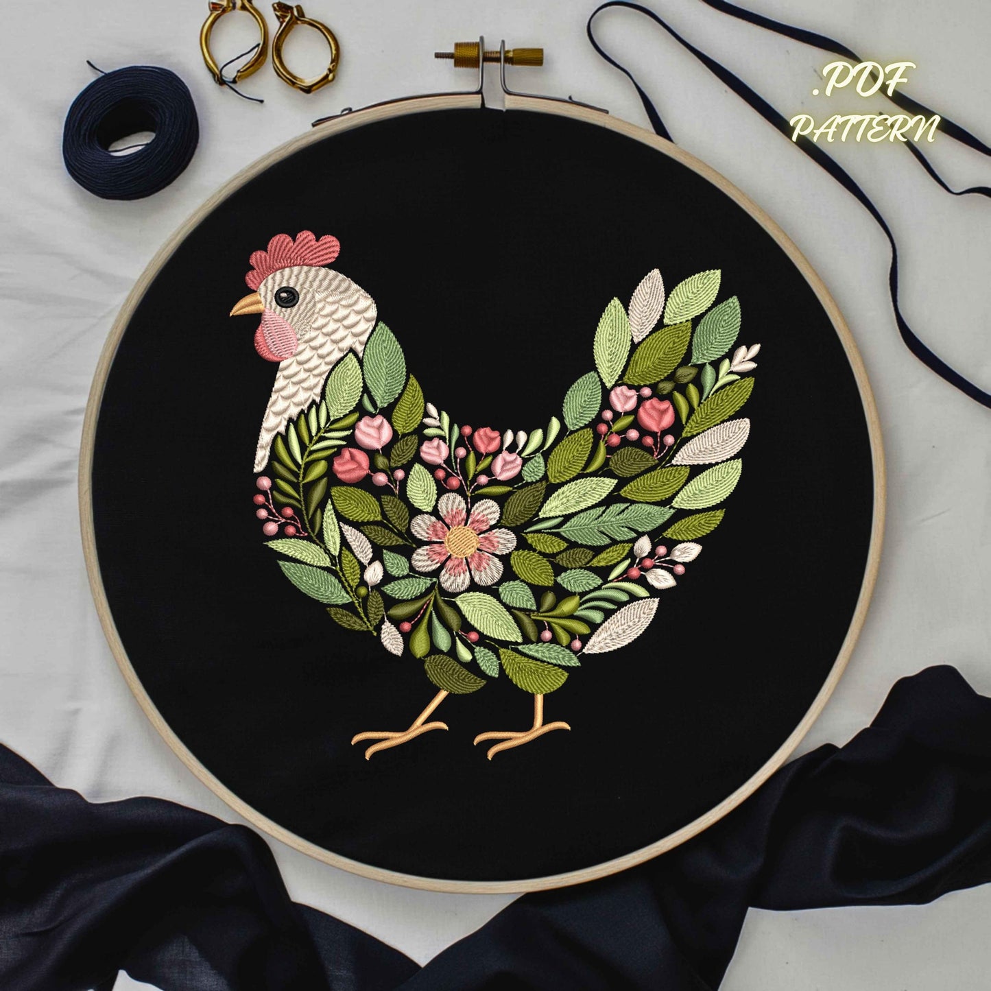 Chicken Embroidery Pattern PDF • Floral Hen Hand Stitch Design • Country Farm Decor Hoop Art • Instant Download