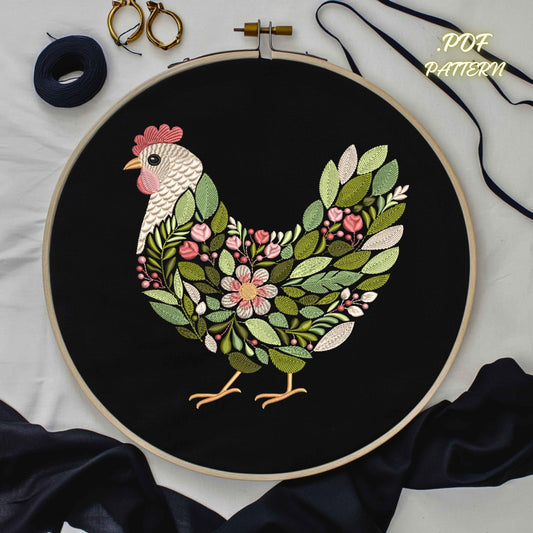 Chicken Embroidery Pattern PDF • Floral Hen Hand Stitch Design • Country Farm Decor Hoop Art • Instant Download