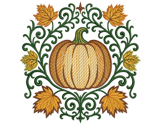Pumpkin Embroidery Design – Fall Machine Embroidery, Autumn Pumpkin with Leaves, Instant Download for DIY Projects & Apparel, Pumpkin PES