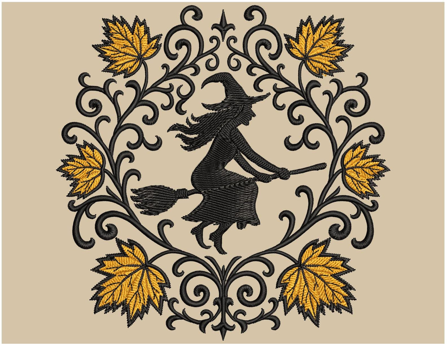 Halloween Embroidery Design Autumn Witch, Flying Witch With Autumn Leaves, Machine Embroidery For Halloween Decor, Witch Embroidery PES DST