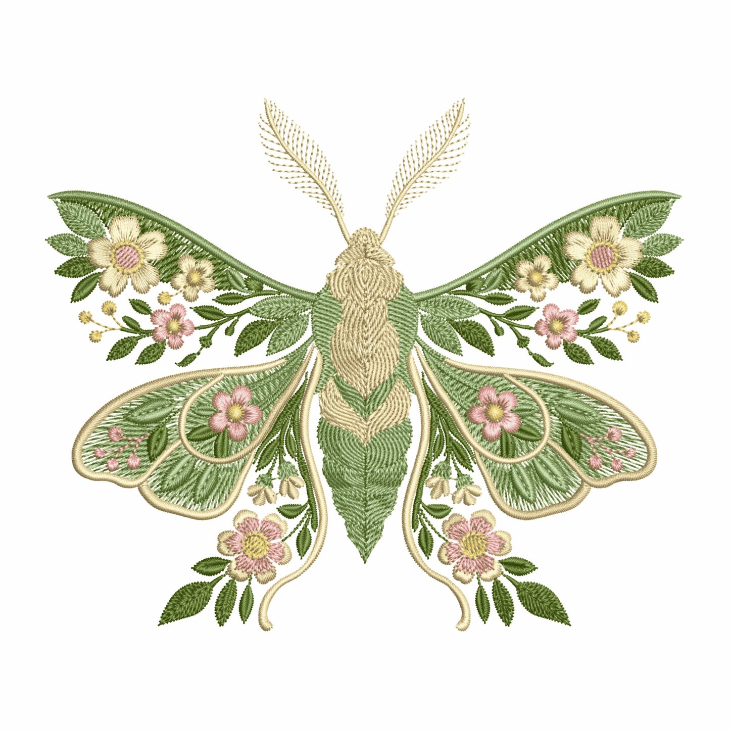 Embroidery Moon Moth with flowers, Nature insect design in 6 sizes, Luna Moth Flower Embroidery Design, Moth Pattern PES, Insect Embroidery