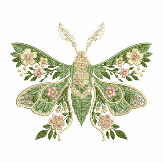 Embroidery Moon Moth with flowers, Nature insect design in 6 sizes, Luna Moth Flower Embroidery Design, Moth Pattern PES, Insect Embroidery