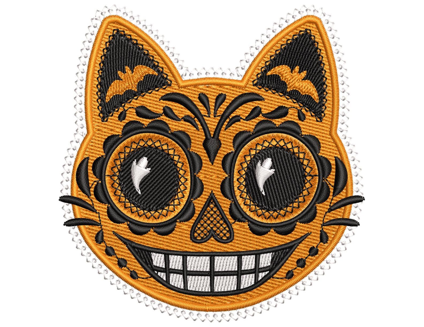 Halloween Cat Head Embroidery Design – Sugar Skull Style Embroidery, Spooky Cat Embroidery PES, Halloween Kitty Head Pattern PES, Kitty Face