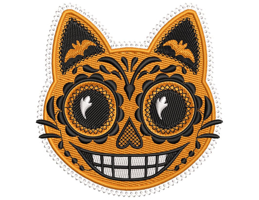 Halloween Cat Head Embroidery Design – Sugar Skull Style Embroidery, Spooky Cat Embroidery PES, Halloween Kitty Head Pattern PES, Kitty Face
