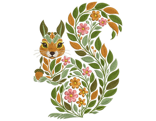 Floral Squirrel Machine Embroidery Design, Floral and Botanical Embroidery, Autumn Squirrel with Acorn Embroidery Pattern for Fall Decor PES