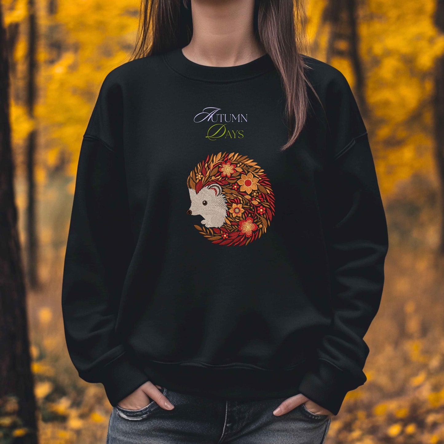 Fall Hedgehog Embroidery Pattern – Seasonal Autumn Design – Cute Animal with Leaves & Flowers, Hedgehog Embroidery Design, Autumn Embroidery