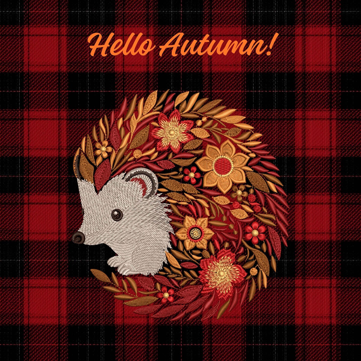 Fall Hedgehog Embroidery Pattern – Seasonal Autumn Design – Cute Animal with Leaves & Flowers, Hedgehog Embroidery Design, Autumn Embroidery