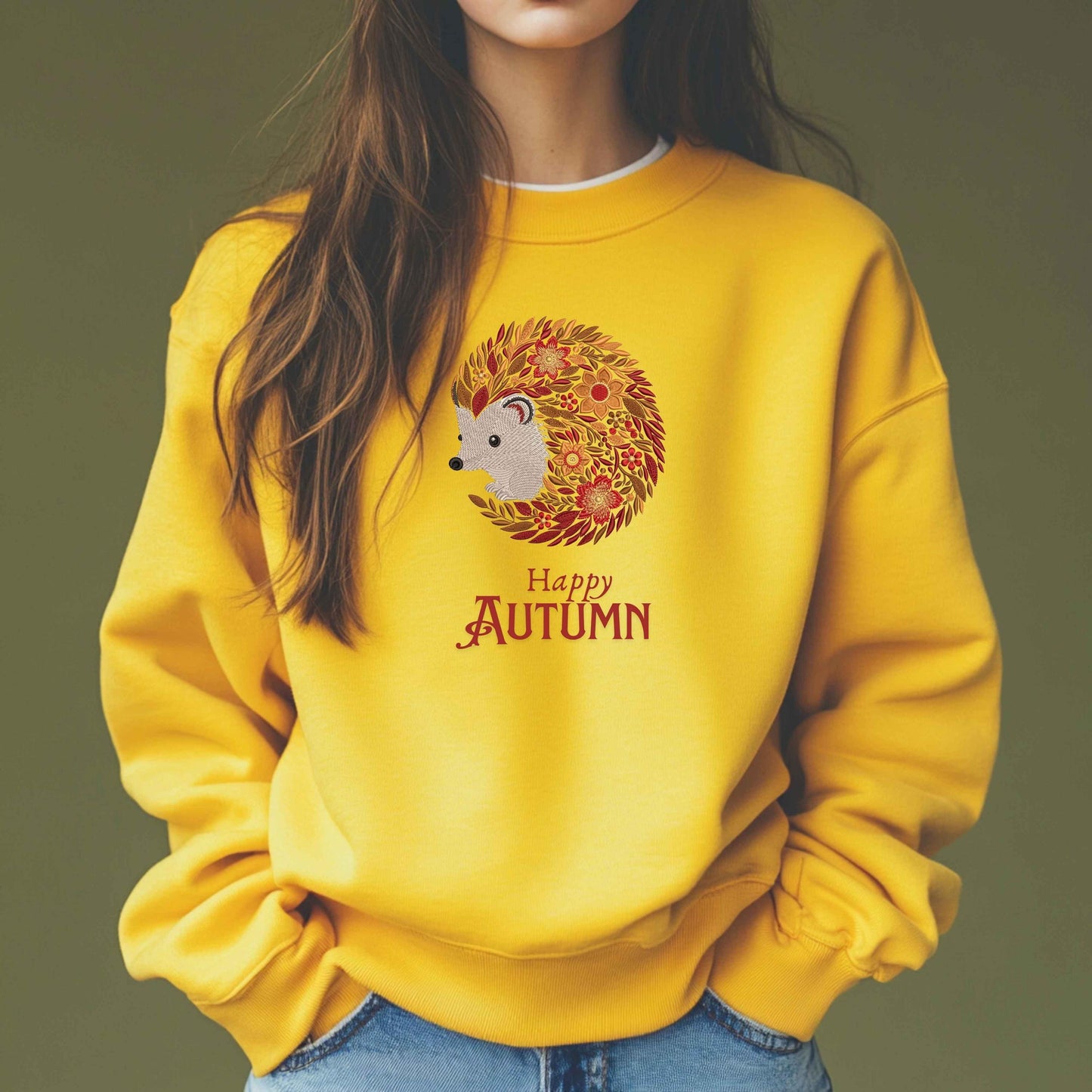 Fall Hedgehog Embroidery Pattern – Seasonal Autumn Design – Cute Animal with Leaves & Flowers, Hedgehog Embroidery Design, Autumn Embroidery