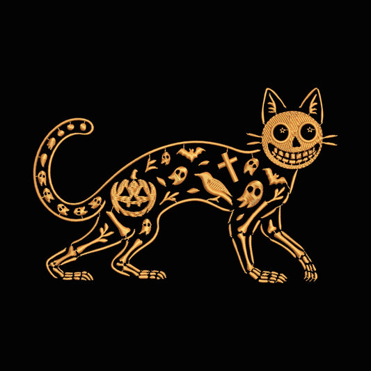 Halloween Skeleton Cat Embroidery Design, Spooky Jack-O'-Lantern Ghost Cat Pattern, Pumpkin Bat Design for Halloween Stitch Projects PES DST