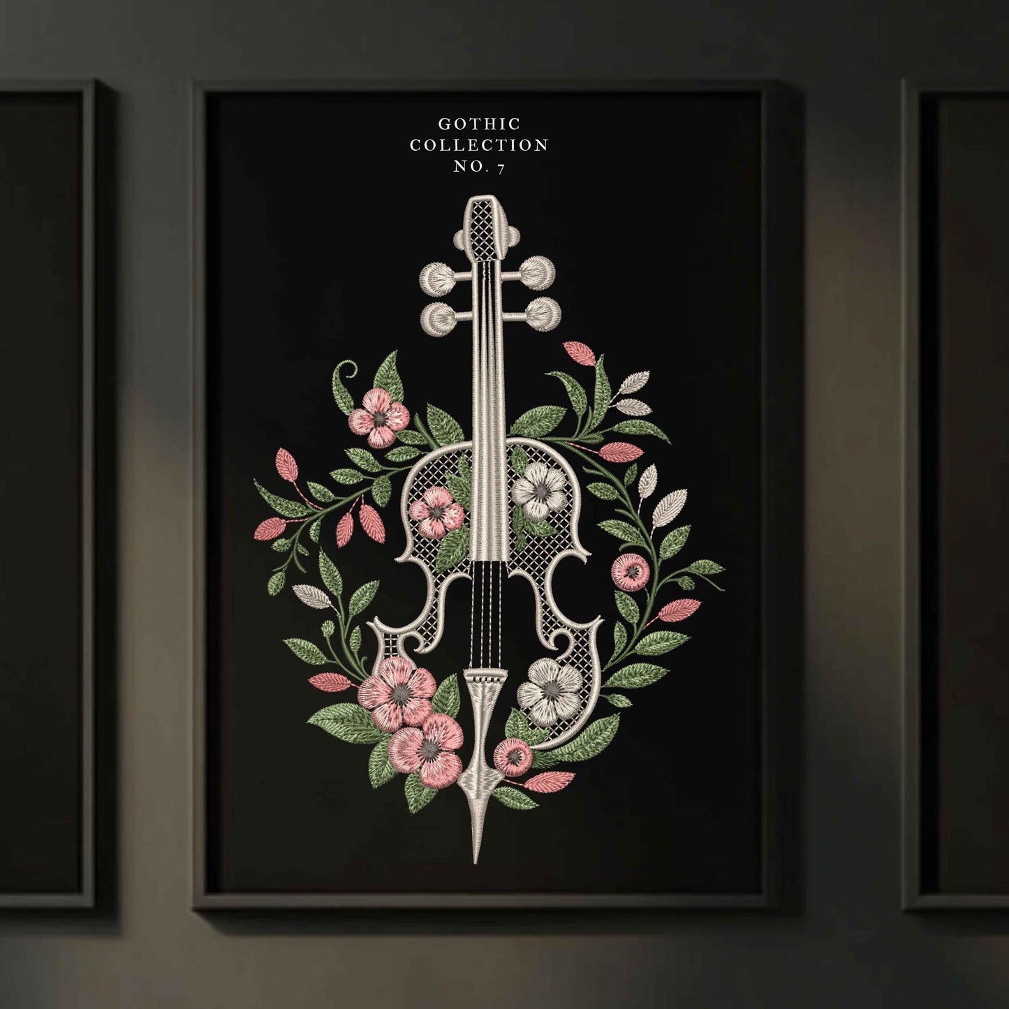 Floral Cello Embroidery Design In Baroque Style, For Music Lovers, Botanical Cello Pattern, Romantic Cello with Blossoms Embroidery PES