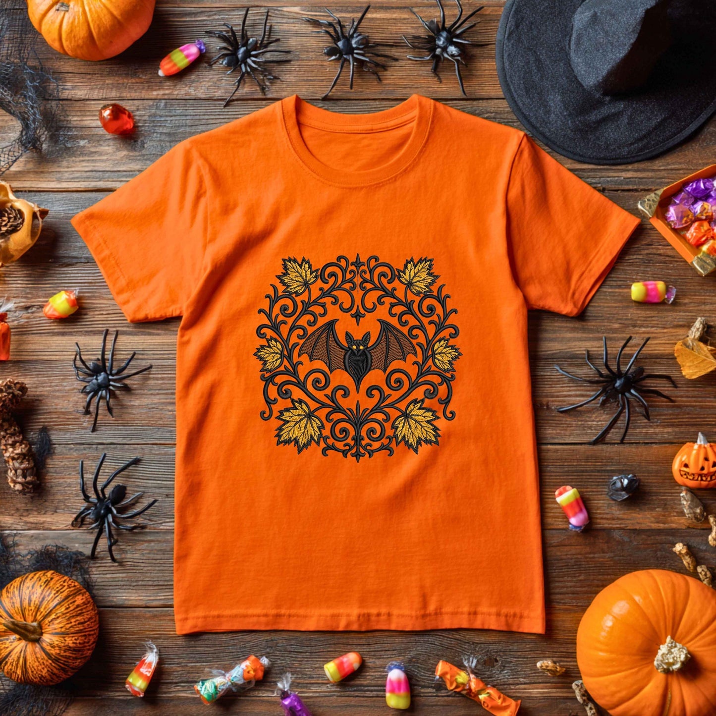 Spooky Gothic Bat Embroidery Design, Halloween Bat with Fall Leaves, Machine Embroidery for Halloween Apparel, Bat Pattern PES, Autumn PES