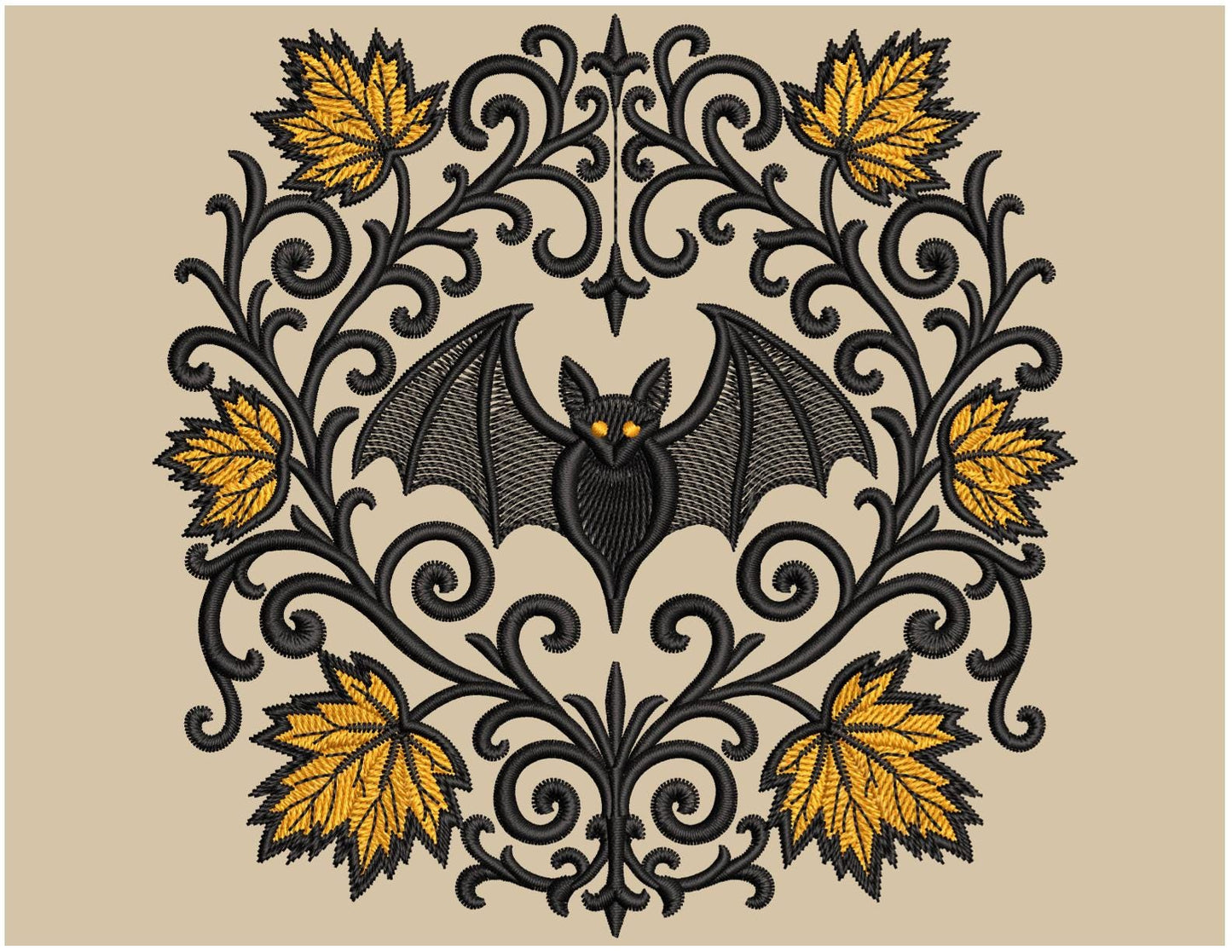 Spooky Gothic Bat Embroidery Design, Halloween Bat with Fall Leaves, Machine Embroidery for Halloween Apparel, Bat Pattern PES, Autumn PES