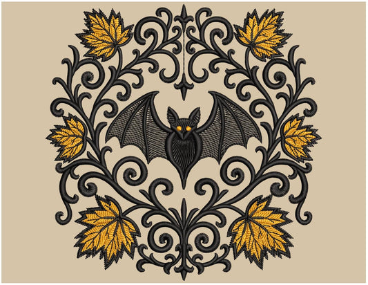 Spooky Gothic Bat Embroidery Design, Halloween Bat with Fall Leaves, Machine Embroidery for Halloween Apparel, Bat Pattern PES, Autumn PES