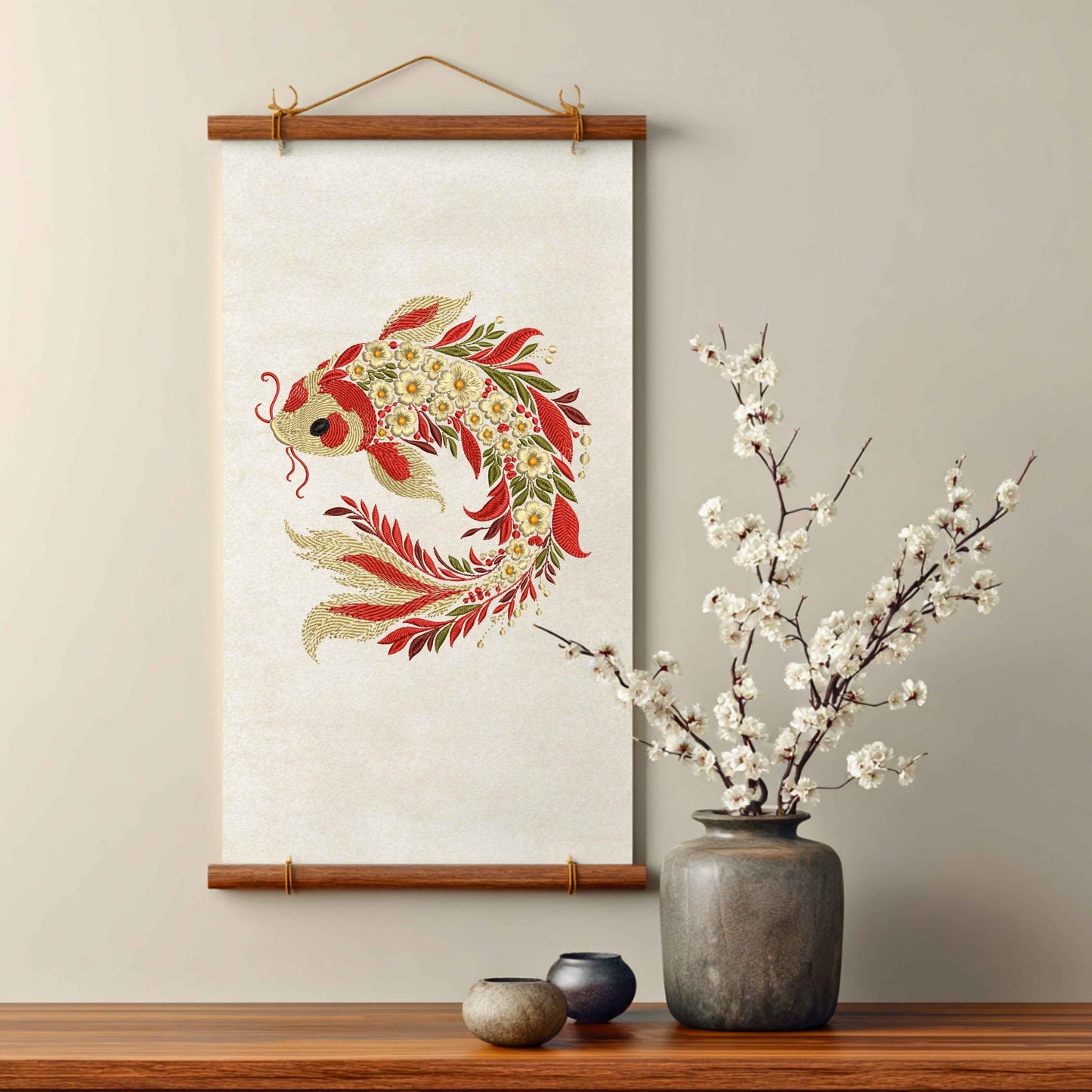 Koi Fish Embroidery Design, Stunning Floral Koi Fish, Machine Embroidery Files for Japanese & Nature-Themed Projects, Fish PES DST Download