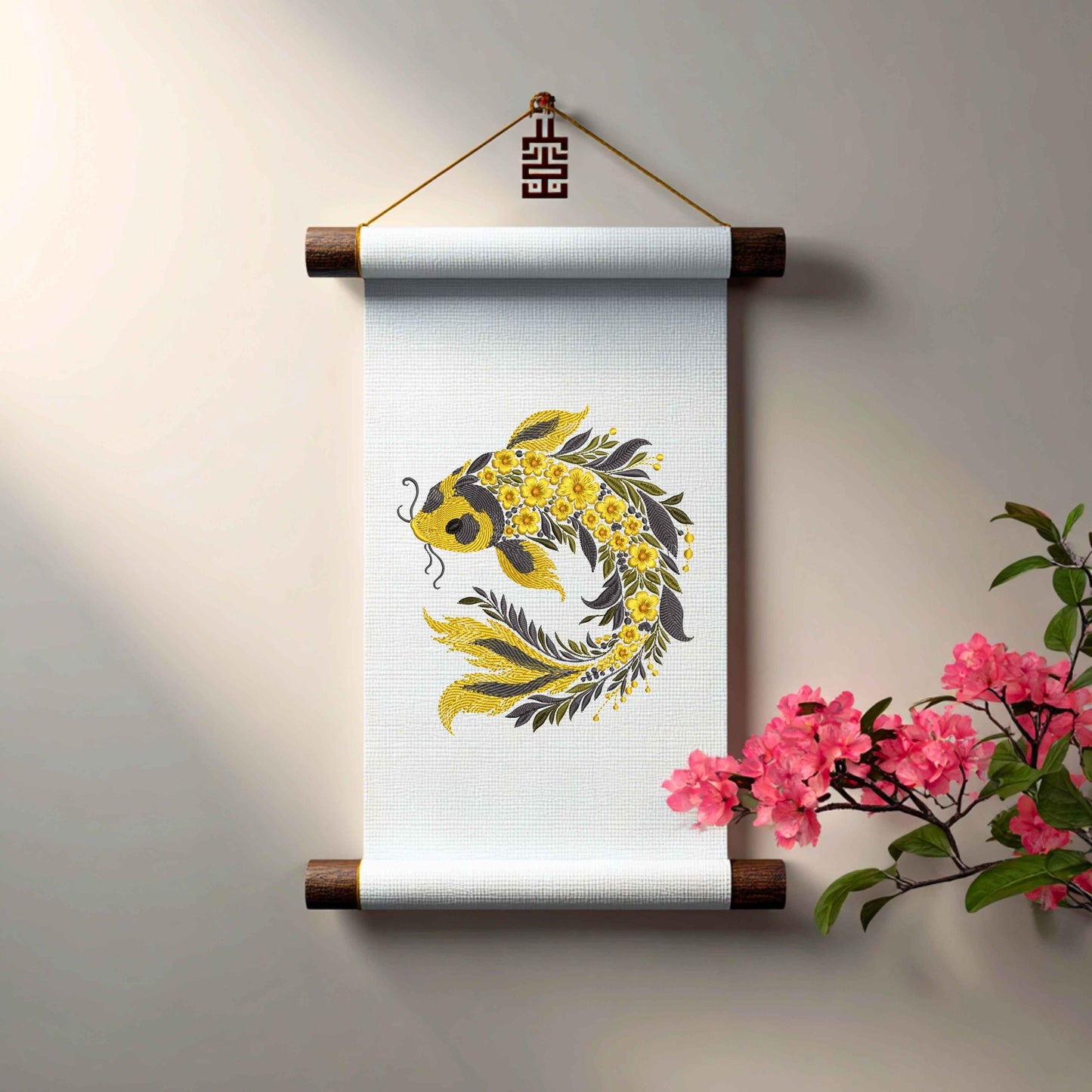 Stunning Gold Koi Fish Embroidery Design, Floral Koi Fish Pattern, Machine Embroidery Files, Carp Embroidery, Floral Embroidery, Fish PES