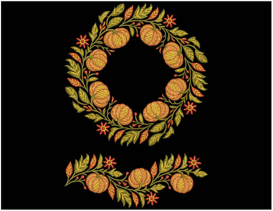 Fall Harvest Pumpkin Wreath, Sprig Embroidery Design for Machine Embroidery - Perfect for Autumn Decorations & Halloween Crafts, PES, EXP