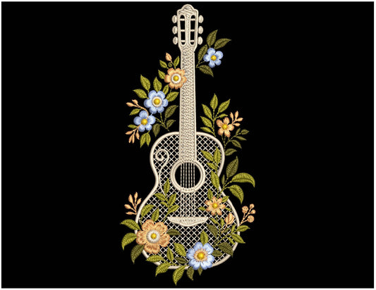 Floral Guitar Embroidery Design – Machine Embroidery Pattern, Embroidery of Musical Instruments, Guitar Embroidery For Music Lovers PES DST