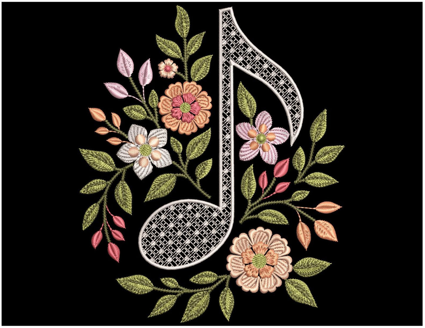 Elegant Floral Music Note Embroidery Design, Music Note Embroidery Pattern, Musical Gift Idea, Boho Embroidery, Note PES, Instant Download