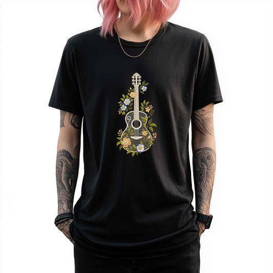 Floral Guitar Embroidery Design – Machine Embroidery Pattern, Embroidery of Musical Instruments, Guitar Embroidery For Music Lovers PES DST