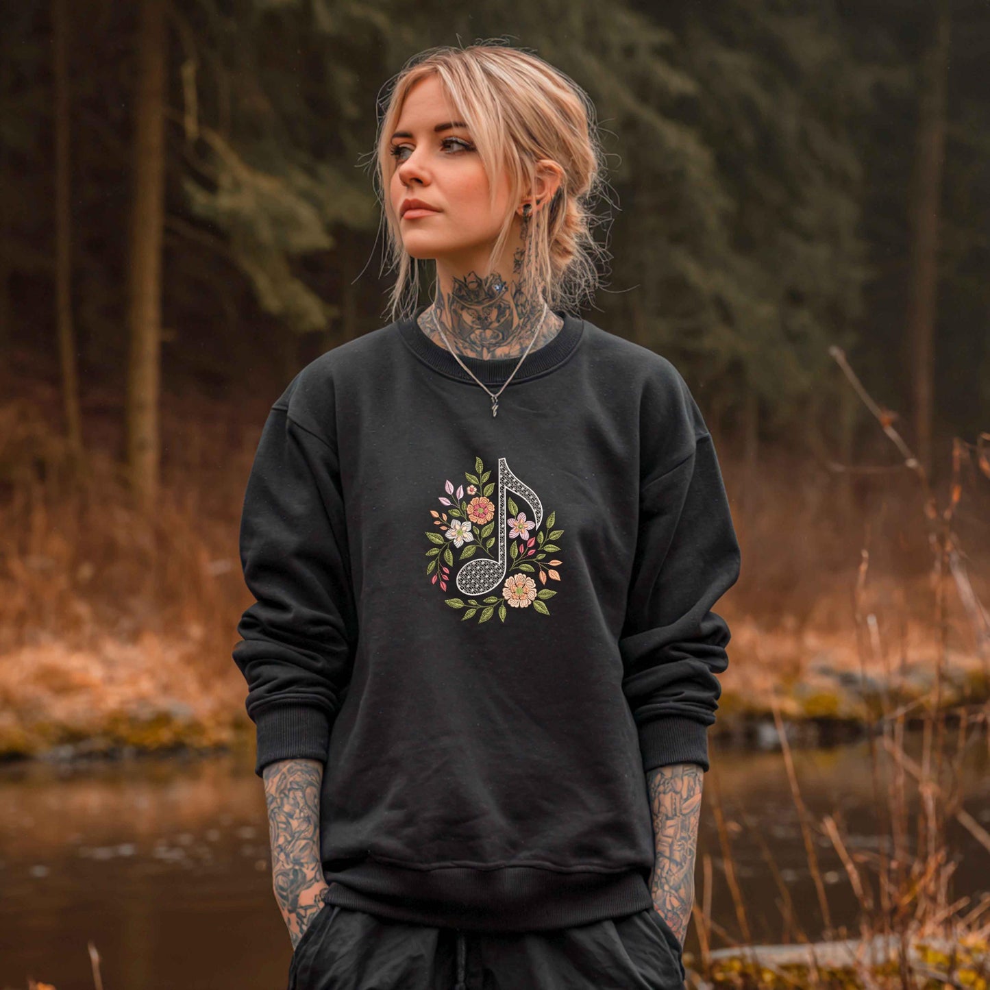 Elegant Floral Music Note Embroidery Design, Music Note Embroidery Pattern, Musical Gift Idea, Boho Embroidery, Note PES, Instant Download