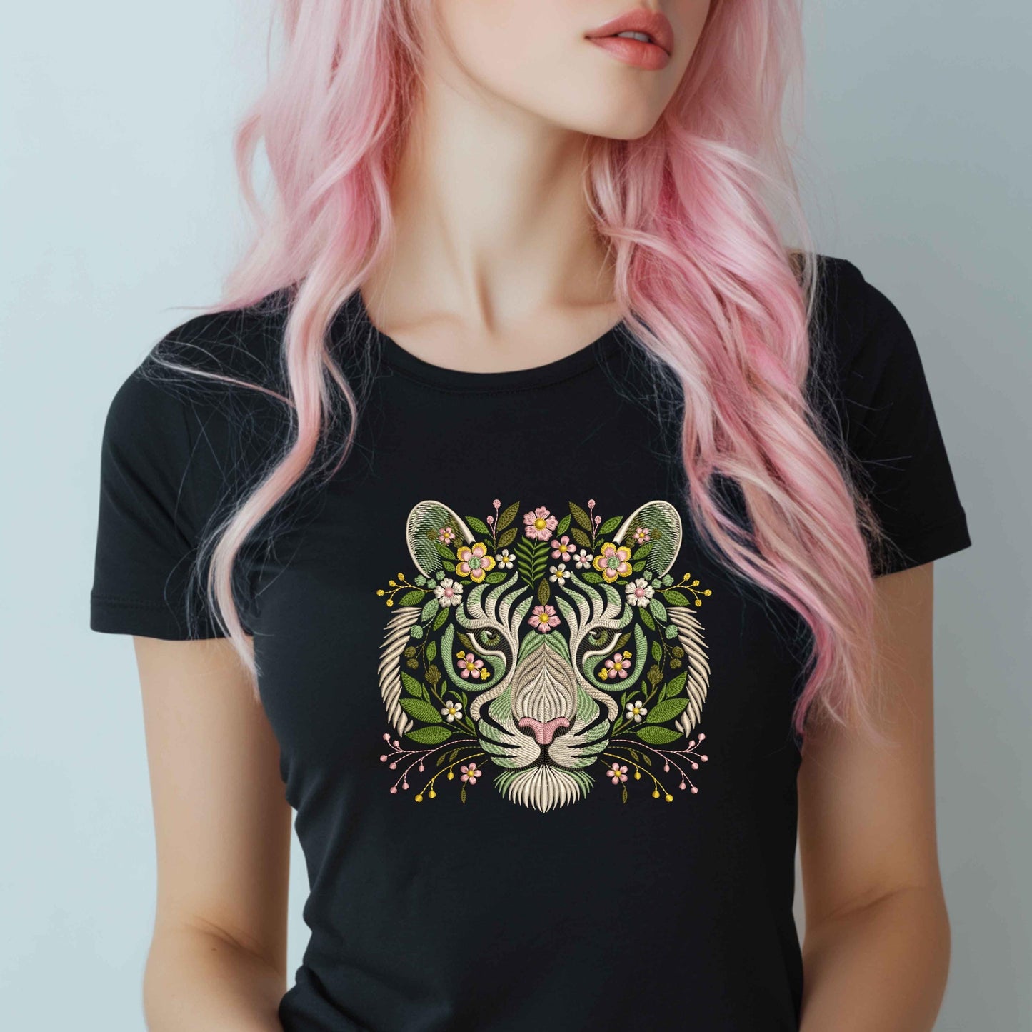 Floral Tiger Embroidery Design – Machine Embroidery, Jungle Tiger with Leaves Flowers, Instant Download for Apparel Decor, Tiger Pattern PES
