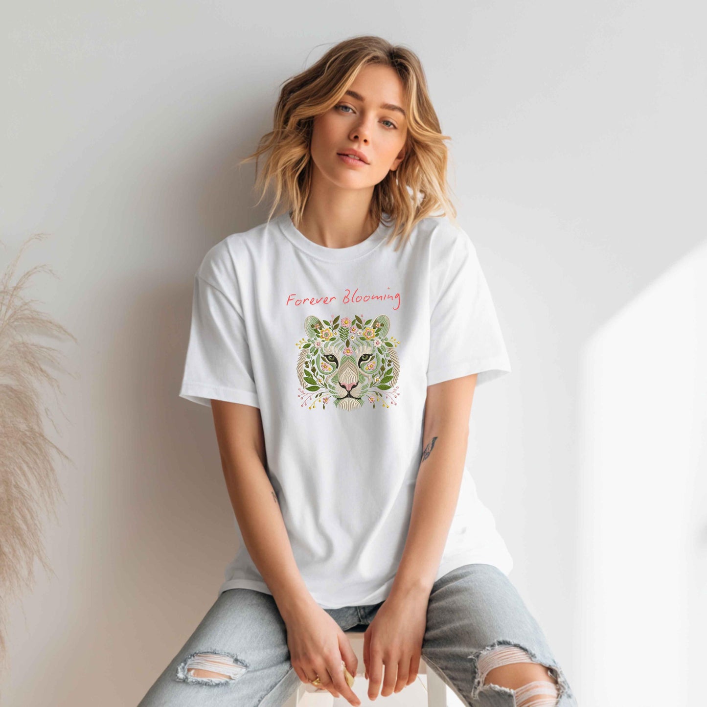 Floral Tiger Embroidery Design – Machine Embroidery, Jungle Tiger with Leaves Flowers, Instant Download for Apparel Decor, Tiger Pattern PES