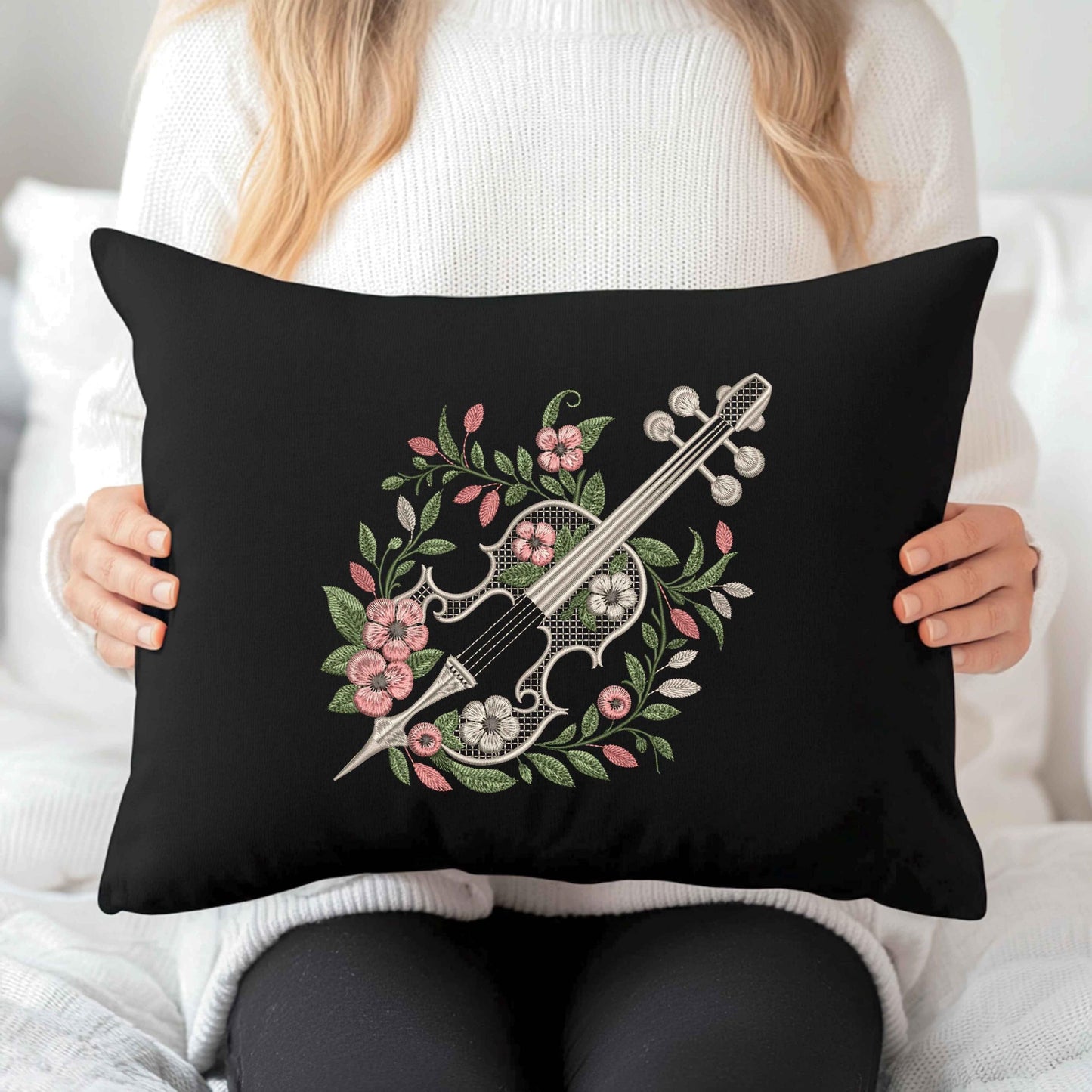 Floral Cello Embroidery Design In Baroque Style, For Music Lovers, Botanical Cello Pattern, Romantic Cello with Blossoms Embroidery PES