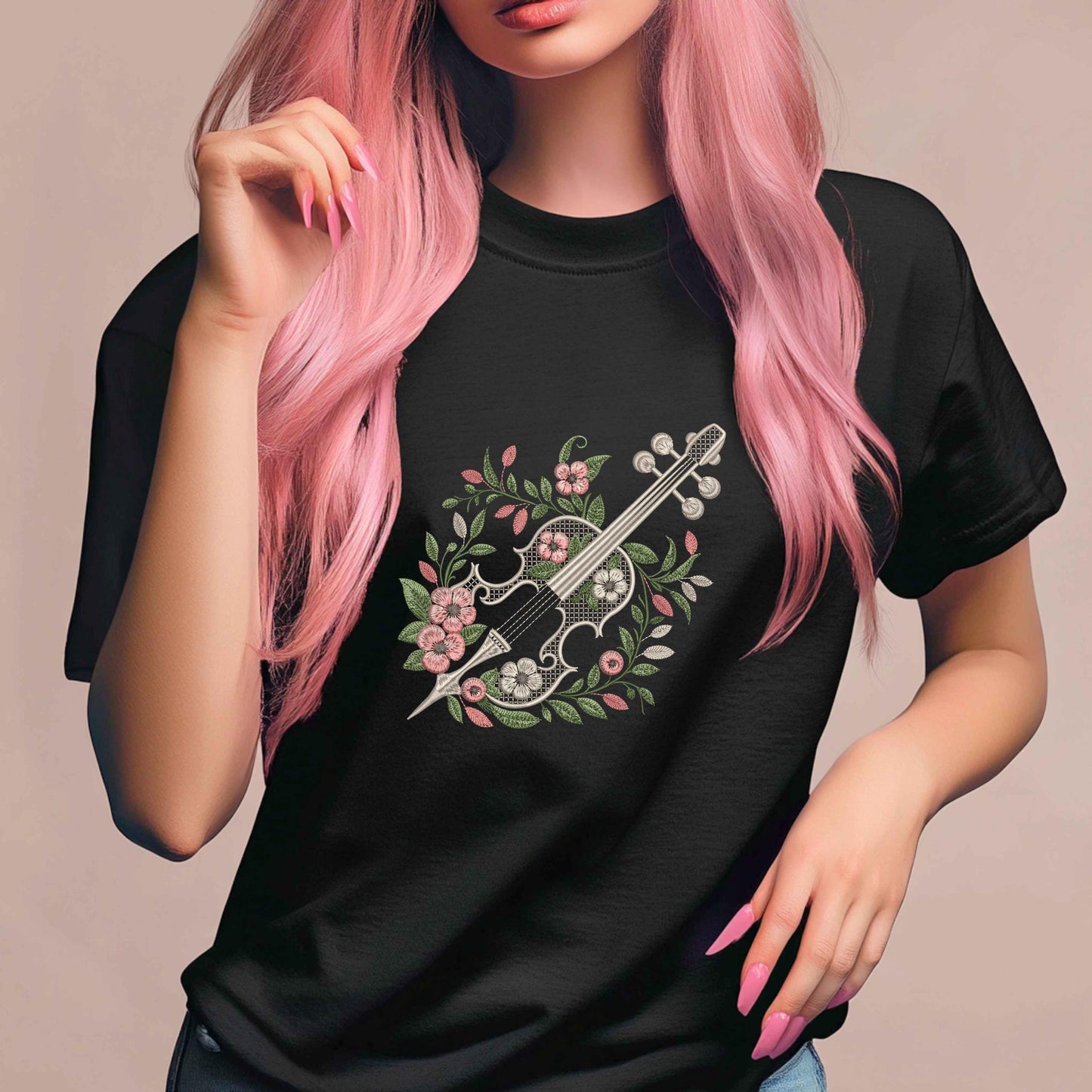 Floral Cello Embroidery Design In Baroque Style, For Music Lovers, Botanical Cello Pattern, Romantic Cello with Blossoms Embroidery PES