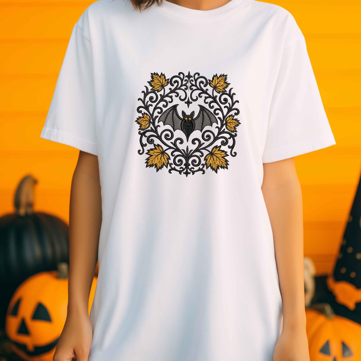 Spooky Gothic Bat Embroidery Design, Halloween Bat with Fall Leaves, Machine Embroidery for Halloween Apparel, Bat Pattern PES, Autumn PES