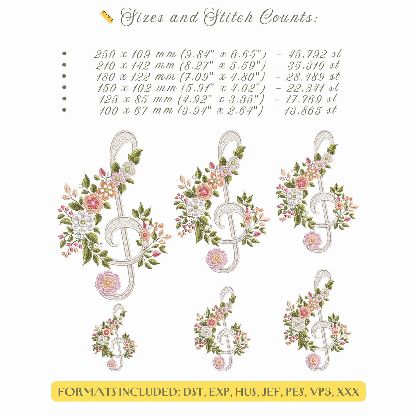 Floral Embroidery Set - Flower Branch, Corner, Treble Clef Designs for Clothing, Home Decor, and Gifts! Beautiful Machine Embroidery Files