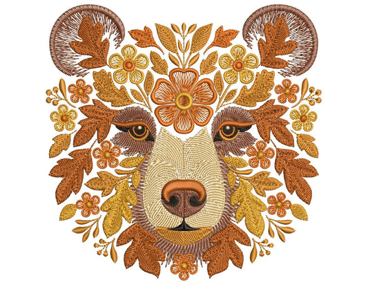 Autumn Bear Embroidery Design - Woodland Animal Face with Fall Leaves, Fall Bear Head Machine Embroidery Pattern PES, Animal Embroidery PES