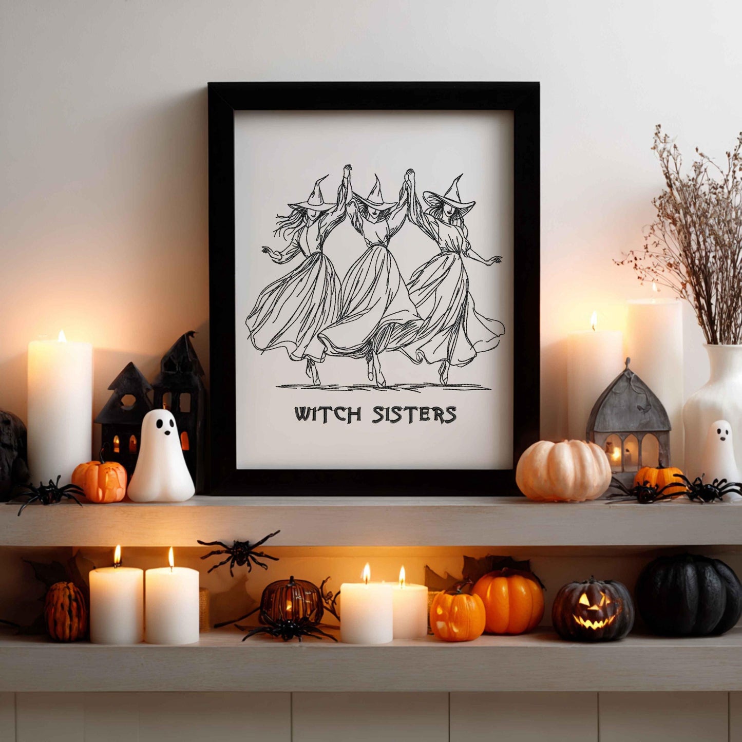 Witch Sisters Halloween Embroidery Design PES – Halloween Art with Witches Dancing for Machine Embroidery, Unique Witches Embroidery DST PES