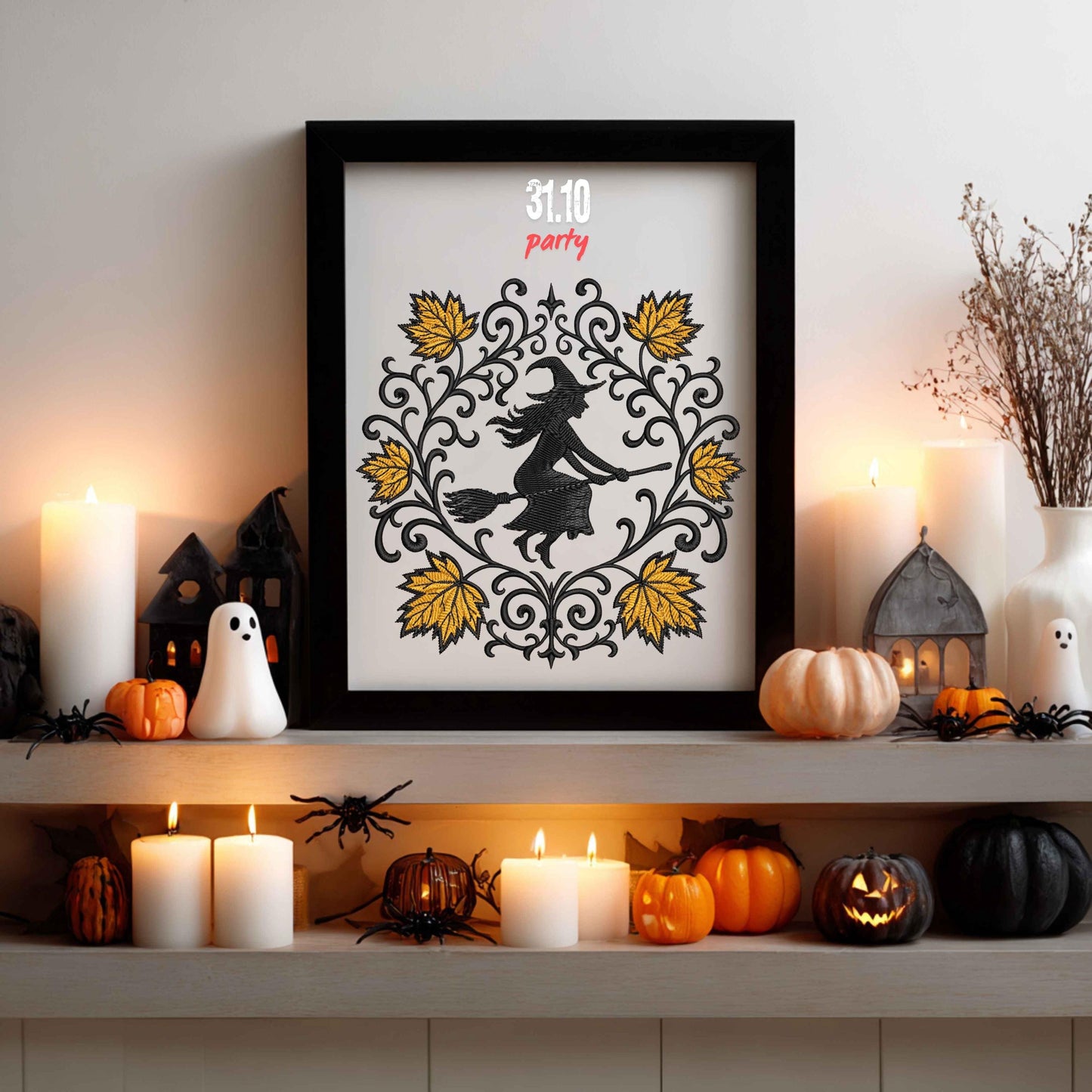 Halloween Embroidery Design Autumn Witch, Flying Witch With Autumn Leaves, Machine Embroidery For Halloween Decor, Witch Embroidery PES DST