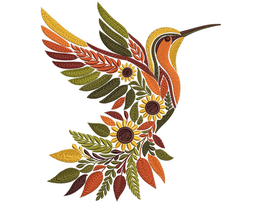 Fall-Inspired Hummingbird Embroidery Design With Sunflowers, Autumn Embroidery Perfect for Fall Crafts & Gifts, Bird Embroidery Pattern PES
