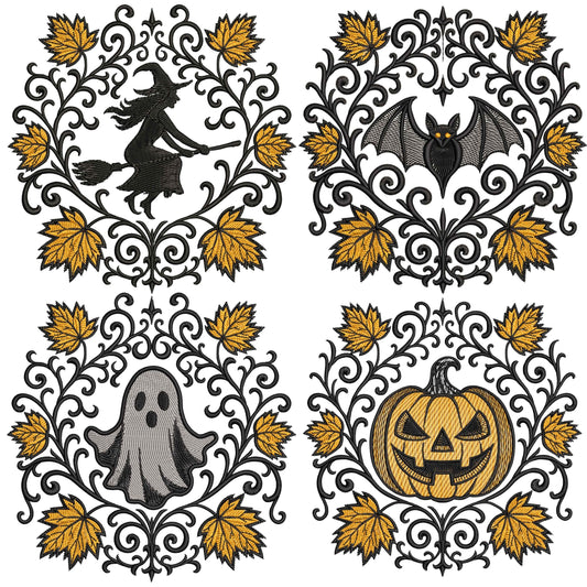 Halloween Embroidery Design Set – 4 Unique Halloween Themed Designs for Machine Embroidery, Pumpkin Ghost Bat Witch Embroidery Pattern PES
