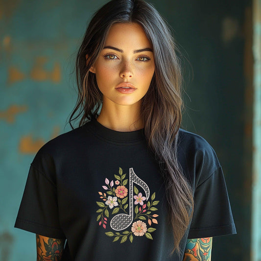 Elegant Floral Music Note Embroidery Design, Music Note Embroidery Pattern, Musical Gift Idea, Boho Embroidery, Note PES, Instant Download